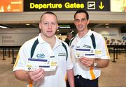 30 September 2009; The Irish team departed from Dublin Airport to the 2009 World Handball Championships which take place from 4th - 11th October in Portland, Oregon, USA. At Dublin Airport are Men's Open Doubles players Michael Finnegan, from Kingscourt, Cavan, left, and Paul Brady, from Mullahoran, Cavan. Dublin Airport, Dublin. Picture credit: Brian Lawless / SPORTSFILE
