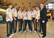 30 September 2009; The Irish team departed from Dublin Airport to the 2009 World Handball Championships which take place from 4th - 11th October in Portland, Oregon, USA. At Dublin Airport are, from left, Padraig McKenna, from Truagh, Monaghan, Charlie Shanks, from Lurgan, Armagh, Aisling Reilly, from Belfast, Antrim, Sibeal Gallagher, from Belfast, Antrim, Fiona Shannon, from Belfast, Antrim, Paul Brady, from Mullahoran, Cavan, Michael Finnegan, from Kingscourt, Cavan, and Chris Kern. Dublin Airport, Dublin. Picture credit: Brian Lawless / SPORTSFILE