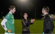 6 January 2016; Maggie Farrelly making history as she becomes the first female referee to officiate a senior men’s inter-county game. with the Captains, Eoin Donnelly, Fermanagh, left, and Matthew Fitzpatrick, St Mary's at the toss. Bank of Ireland Dr. McKenna Cup, Group B, Round 1, Fermanagh v St Mary's University College, Tyrone Centre of Excellence, Garvaghey, Co. Tyrone. Picture credit: Oliver McVeigh / SPORTSFILE