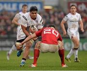 2 January 2016; Nick Williams, Ulster, is tackled by Robin Copeland, Munster. Guinness PRO12, Round 11, Ulster v Munster. Kingspan Stadium, Ravenhill Park, Belfast. Picture credit: Oliver McVeigh / SPORTSFILE