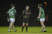 6 January 2016; Referee Maggie Farrelly making history tonight as she becomes the first female referee to officiate a senior men’s inter-county game, issues yellow cards to Tomas Corrigan, left, and Ciaran O'Flaherty, Fermanagh. Bank of Ireland Dr. McKenna Cup, Group B, Round 1, Fermanagh v St Mary's University College, Tyrone Centre of Excellence, Garvaghey, Co. Tyrone. Picture credit: Oliver McVeigh / SPORTSFILE