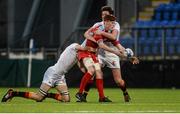 8 January 2016; Luke O'Higgins, CUS, is tackled by Alex Houlden and Ben Carolan O'Hanlon, Presentation College Bray. Bank of Ireland Schools Vinnie Murray Cup, Round 1, Presentation College Bray v CUS, Donnybrook Stadium, Donnybrook, Dublin. Picture credit: Piaras Ó Mídheach / SPORTSFILE