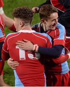 8 January 2016; Nick King and Alex McDonnell, right, CUS, celebrate after the game. Bank of Ireland Schools Vinnie Murray Cup, Round 1, Presentation College Bray v CUS, Donnybrook Stadium, Donnybrook, Dublin. Picture credit: Piaras Ó Mídheach / SPORTSFILE