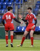 8 January 2016; David O'Leary, right, CUS, celebrates scoring a try with team-mate Dylan Collum. Bank of Ireland Schools Vinnie Murray Cup, Round 1, Presentation College Bray v CUS, Donnybrook Stadium, Donnybrook, Dublin. Picture credit: Piaras Ó Mídheach / SPORTSFILE