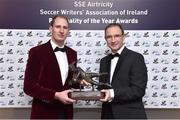 8 January 2016; Dundalk FC goalkeeper Gary Rogers is presented with the Goalkeeper of the year award by Republic of Ireland manager Martin O'Neill at the SSE Airtricity Soccer Writers’ Association of Ireland Awards 2015. The Conrad Hotel, Dublin. Picture credit: Matt Browne / SPORTSFILE