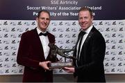 8 January 2016; Dundalk FC goalkeeper Gary Rogers, with the Goalkeeper of the year award and PFAI General Secretary Stephen McGuinness at the SSE Airtricity Soccer Writers’ Association of Ireland Awards 2015. The Conrad Hotel, Dublin. Picture credit: Matt Browne / SPORTSFILE