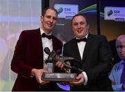 8 January 2016; Dundalk FC goalkeeper Gary Rogers, is presented with the Goalkeeper of the year award by Paul O'Hehir, President of the Soccer Writers Association of Ireland at the SSE Airtricity Soccer Writers’ Association of Ireland Awards 2015. The Conrad Hotel, Dublin. Picture credit: Matt Browne / SPORTSFILE