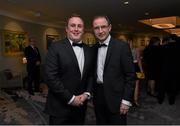 8 January 2016; Paul O'Hehir, President of the Soccer Writers Association of Ireland with Republic of Ireland manager Martin O'Neill at the SSE Airtricity Soccer Writers’ Association of Ireland Awards 2015. The Conrad Hotel, Dublin. Picture credit: Matt Browne / SPORTSFILE
