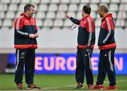 9 January 2016; Munster head coach Anthony Foley, left, in conversation with assistant coach Ian Costello, centre, and Simon Zebo ahead of the game. European Rugby Champions Cup, Pool 4, Round 2 Refixture, Stade Francais Paris v Munster, Stade Jean Bouin, Paris, France. Picture credit: Ramsey Cardy / SPORTSFILE