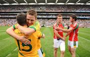 9 August 2009; Chris O'Connor and Cian Ward, 15, Meath, celebrate their side's victory as Brian Meade, Meath, consoles Aidan O'Shea, Mayo. GAA Football All-Ireland Senior Championship Quarter-Final, Meath v Mayo, Croke Park, Dublin. Picture credit: Stephen McCarthy / SPORTSFILE