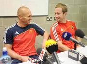 30 September 2009; Munster's Paul Warwick, left, and Toby Morland share a laugh before a press briefing ahead of their Celtic League game against Leinster on Saturday. University of Limerick, Limerick. Picture credit: Diarmuid Greene / SPORTSFILE