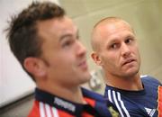 30 September 2009; Munster's Paul Warwick, right, listens to Niall Ronan speaking during a press briefing ahead of their Celtic League game against Leinster on Saturday. University of Limerick, Limerick. Picture credit: Diarmuid Greene / SPORTSFILE