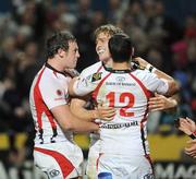 2 October 2009; Andrew Trimble, Ulster, centre, celebrates with Willie Fallon and Paddy Wallace, right, after scoring the second try. Celtic League, Ulster v Llanelli Scarlets, Ravenhill Park, Belfast, Co. Antrim. Picture credit: Oliver McVeigh / SPORTSFILE