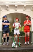 5 October 2009; Leinster captain Leo Cullen, left, with Ulster captain Paddy Wallace, centre, and Munster captain Paul O'Connell at the 2009/10 Heineken Cup launch. Shelbourne Hotel, Stephen's Green, Dublin. Picture credit: Stephen McCarthy / SPORTSFILE