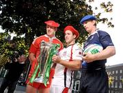 5 October 2009; Leinster captain Leo Cullen, right, with Ulster captain Paddy Wallace, centre, and Munster captain Paul O'Connell at the 2009/10 Heineken Cup launch. Shelbourne Hotel, Stephen's Green, Dublin. Picture credit: Stephen McCarthy / SPORTSFILE