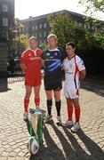 5 October 2009; Munster captain Paul O'Connell, left, with Leinster captain Leo Cullen, centre, and Ulster captain Paddy Wallace at the 2009/10 Heineken Cup launch. Shelbourne Hotel, Stephen's Green, Dublin. Picture credit: Stephen McCarthy / SPORTSFILE