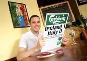 5 October 2009; Republic of Ireland star John O’Shea at the announcement of Carlsberg’s Here We Go Again poll of emotions results. Carlsberg, a long standing supporter of Irish football, tested just how emotional Irish fans are, with Ray Houghton’s goal against Italy in the opening game of USA ’94 in Giant’s Stadium, New York, topping the poll as the most emotional moment, narrowly beating the Irish legend’s famous winning goal against England in Stuttgart in 1988. Show your support by joining thousands of Ireland fans on the Carlsberg Football Facebook page and logging onto www.facebook.com/carlsbergfootball. Carlsberg HERE WE GO AGAIN poll results, La Taverna Restaurant, Italian Quarter, Dublin. Picture credit: Brendan Moran / SPORTSFILE