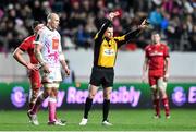 9 January 2016; Referee Nigel Owens shows a straight red card to Josaia Raisuqe, Stade Français Paris, not pictured. European Rugby Champions Cup, Pool 4, Round 2 Refixture, Stade Francais Paris v Munster, Stade Jean Bouin, Paris, France. Picture credit: Ramsey Cardy / SPORTSFILE