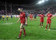 9 January 2016; Munster players including Dave Foley, Conor Murray and Mario Sagario following their side's defeat. European Rugby Champions Cup, Pool 4, Round 2 Refixture, Stade Francais Paris v Munster, Stade Jean Bouin, Paris, France. Picture credit: Ramsey Cardy / SPORTSFILE