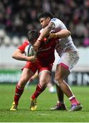 9 January 2016; Denis Hurley, Munster, is tackled by Jonathan Danty, Stade Français Paris. European Rugby Champions Cup, Pool 4, Round 2 Refixture, Stade Francais Paris v Munster, Stade Jean Bouin, Paris, France. Picture credit: Ramsey Cardy / SPORTSFILE
