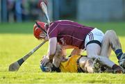 10 January 2016; Joe Canning, Galway, and Eoghan O'Donnell, DCU, confront each other. Bord na Mona Walsh Cup, Group 4, Galway v DCU, Duggan Park, Ballinasloe, Co. Galway. Picture credit: David Maher / SPORTSFILE