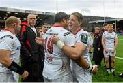 10 January 2016; Nick Williams and Craig Gilroy, Ulster, celebrate after the final whistle. European Rugby Champions Cup, Pool 1, Round 1 Refixture, Oyonnax v Ulster, Stade Charles Mathon, Oyonnax, France. Picture credit: Oliver McVeigh / SPORTSFILE