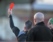 10 January 2016; Referee James McGrath shows a red card to David Burke, right, Galway. Bord na Mona Walsh Cup, Group 4, Galway v DCU, Duggan Park, Ballinasloe, Co. Galway. Picture credit: David Maher / SPORTSFILE