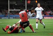 10 January 2016; Nick Williams, Ulster, is tackled near the line by by Alaska Taufa and Pedrie Wannenberg, Oyonnax. European Rugby Champions Cup, Pool 1, Round 1 Refixture, Oyonnax v Ulster, Stade Charles Mathon, Oyonnax, France. Picture credit: Oliver McVeigh / SPORTSFILE