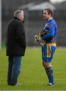 10 January 2016; Clare goalkeeper Joe Hayes in conversation with Kerry selector Mikey Sheehy after the game. McGrath Cup, Group A, Round 2, Kerry v Clare, Fitzgerald Stadium, Killarney, Co. Kerry. Picture credit: Brendan Moran / SPORTSFILE