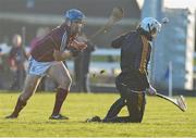 10 January 2016; Johnny Coen, Galway, has his shot saved by Cormac Ryan,  DCU goalkeeper. Bord na Mona Walsh Cup, Group 4, Galway v DCU, Duggan Park, Ballinasloe, Co. Galway. Picture credit: David Maher / SPORTSFILE
