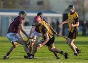 10 January 2016; Paudie Foley, DCU, in action against Richie Cummins and Aidan Harte, Galway. Bord na Mona Walsh Cup, Group 4, Galway v DCU, Duggan Park, Ballinasloe, Co. Galway. Picture credit: David Maher / SPORTSFILE