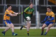 10 January 2016; Darragh O'Brien, Kerry, in action against Conor O'Halloran, left, and Jamie Malone, Clare. McGrath Cup, Group A, Round 2, Kerry v Clare, Fitzgerald Stadium, Killarney, Co. Kerry. Picture credit: Brendan Moran / SPORTSFILE