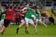 10 January 2016; Damien Kelly, Fermanagh, in action against Mark McKay and Connaire Harrison, Down. Bank of Ireland Dr. McKenna Cup, Group B, Round 2, Down v Fermanagh, Páirc Esler, Newry, Co. Down. Picture credit: Mark Marlow / SPORTSFILE