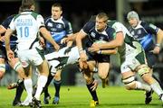 9 October 2009; Jamie Heaslip, Leinster, in action against, from left, Chris Malone, Declan Danaher and Bob Casey, London Irish. Heineken Cup, Pool 6, Round 1, Leinster v London Irish, RDS, Dublin. Picture credit: Pat Murphy / SPORTSFILE