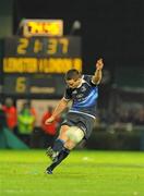 9 October 2009; Jonathan Sexton, Leinster, out-half, kicks a penalty to make the score 9 all. Heineken Cup, Pool 6, Round 1, Leinster v London Irish, RDS, Dublin. Picture credit: Brendan Moran / SPORTSFILE