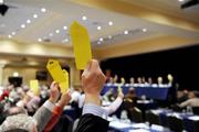10 October 2009; Delegates vote at the GAA Special Congress. CityWest Hotel, Saggart, Co. Dublin. Picture credit: Ray McManus / SPORTSFILE