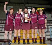 10 October 2009; Galway players, from left to right, Martina Conroy, Claire Conroy, Nicola Lawless, Karen Brien and Serena Brien celebrate with the cup. Gala All-Ireland Intermediate Camogie Championship Final Replay, Cork v Galway, McDonagh Park, Nenagh, Co. Tipperary. Picture credit: Diarmuid Greene / SPORTSFILE