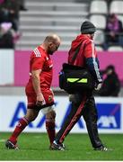9 January 2016; BJ Botha, Munster, leaves the pitch with an injury. European Rugby Champions Cup, Pool 4, Round 2 Refixture, Stade Francais Paris v Munster, Stade Jean Bouin, Paris, France. Picture credit: Ramsey Cardy / SPORTSFILE