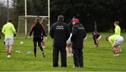 10 January 2016; Tyrone manager Mickey Harte in conversation with his selector Gavin Devlin as the Tyrone players warm up ahead of the game. Bank of Ireland Dr. McKenna Cup, Group A, Round 2, Derry v Tyrone. Derry GAA Centre of Excellence, Owenbeg, Derry. Picture credit: Stephen McCarthy / SPORTSFILE