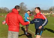 12 January 2016; Munster temporary consultant Andy Farrell exchanges a handshake with Jonny Holland before squad training. University of Limerick, Limerick. Picture credit: Diarmuid Greene / SPORTSFILE