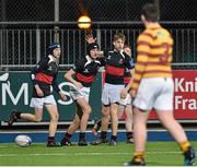 12 January 2016; Harry O'Donnell, The High School, centre, celebrates after scoring his team's winning try with team-mates Luan Rogers, left, and Sean Óg Barnes. Bank of Ireland Schools Fr. Godfrey Cup, Round 1, De La Salle Churchtown v The High School, Donnybrook Stadium Donnybrook, Dublin. Picture credit: Cody Glenn / SPORTSFILE