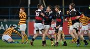 12 January 2016; The High School team-mates, from centre, Robert Whyte (15) Finn Connelly, Luan Rogers and Dylan Keogh celebrate at the final whistle. Bank of Ireland Schools Fr. Godfrey Cup, Round 1, De La Salle Churchtown v The High School, Donnybrook Stadium Donnybrook, Dublin. Picture credit: Cody Glenn / SPORTSFILE