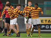 12 January 2016; Conor Odoemene, right, De La Salle Churchtown, celebrates with team-mates after scoring his team's first try. Bank of Ireland Schools Fr. Godfrey Cup, Round 1, De La Salle Churchtown v The High School, Donnybrook Stadium Donnybrook, Dublin. Picture credit: Cody Glenn / SPORTSFILE