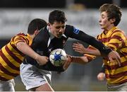 12 January 2016; Rory Browne, The High School, is tackled by Kian Austin Spense, left, and Jake Finlay, De La Salle Churchtown. Bank of Ireland Schools Fr. Godfrey Cup, Round 1, De La Salle Churchtown v The High School, Donnybrook Stadium Donnybrook, Dublin. Picture credit: Cody Glenn / SPORTSFILE