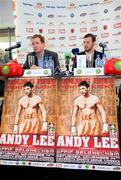 13 October 2009; Promoter Brian Peters, left, and boxer Andy Lee speaking during a press conference ahead of the Yanjing Fight Night against French Champion Affif Belghecham on November 14th. Thomond Park, Limerick. Picture credit: Kieran Clancy / SPORTSFILE