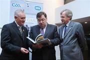 13 October 2009; Uachtarán CLG Criostóir Ó Cuanal with An Taoiseach Brian Cowen T.D., and Páraic Duffy, Ard Stiúrthóir of the GAA, at the launch of 'The GAA - A People's History'. Hogan Stand, Croke Park, Dubin. Picture credit: Pat Murphy / SPORTSFILE