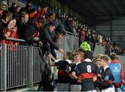 12 January 2016; The High School players celebrate with supporters. Bank of Ireland Schools Fr. Godfrey Cup, Round 1, De La Salle Churchtown v The High School, Donnybrook Stadium Donnybrook, Dublin. Picture credit: Cody Glenn / SPORTSFILE