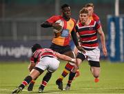 14 January 2016; Danny Achimugu, St Fintan's High School, is tackled by Alistair Quirke, Wesley College. St Fintans High School v Wesley College, Bank of Ireland Schools Vinnie Murray Cup Quarter Final. Donnybrook Stadium, Donnybrook, Dublin. Picture credit: Stephen McCarthy / SPORTSFILE
