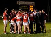 14 January 2016; Cork manager Peadar Healy, selector Eamonn Ryan, and selector Paudie Kissane with their players after the game. McGrath Cup Group B Round 2, Cork v Waterford. Mallow GAA Grounds, Mallow, Co. Cork. Picture credit: Diarmuid Greene / SPORTSFILE