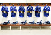 16 January 2016; The Leinster jerseys, featuring the Acutrace brand, Bank of Ireland’s ‘Sponsor for a Day’ 2016 Leinster winner, hang in the changing room ahead of the game. European Rugby Champions Cup, Pool 5, Round 5, Leinster v Bath. RDS Arena, Ballsbridge, Dublin. Picture credit: Stephen McCarthy / SPORTSFILE